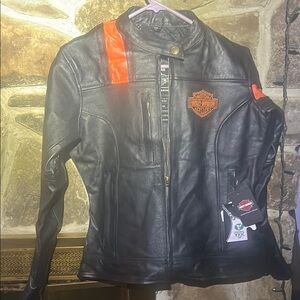 Black Leather Jacket with Orange Details
